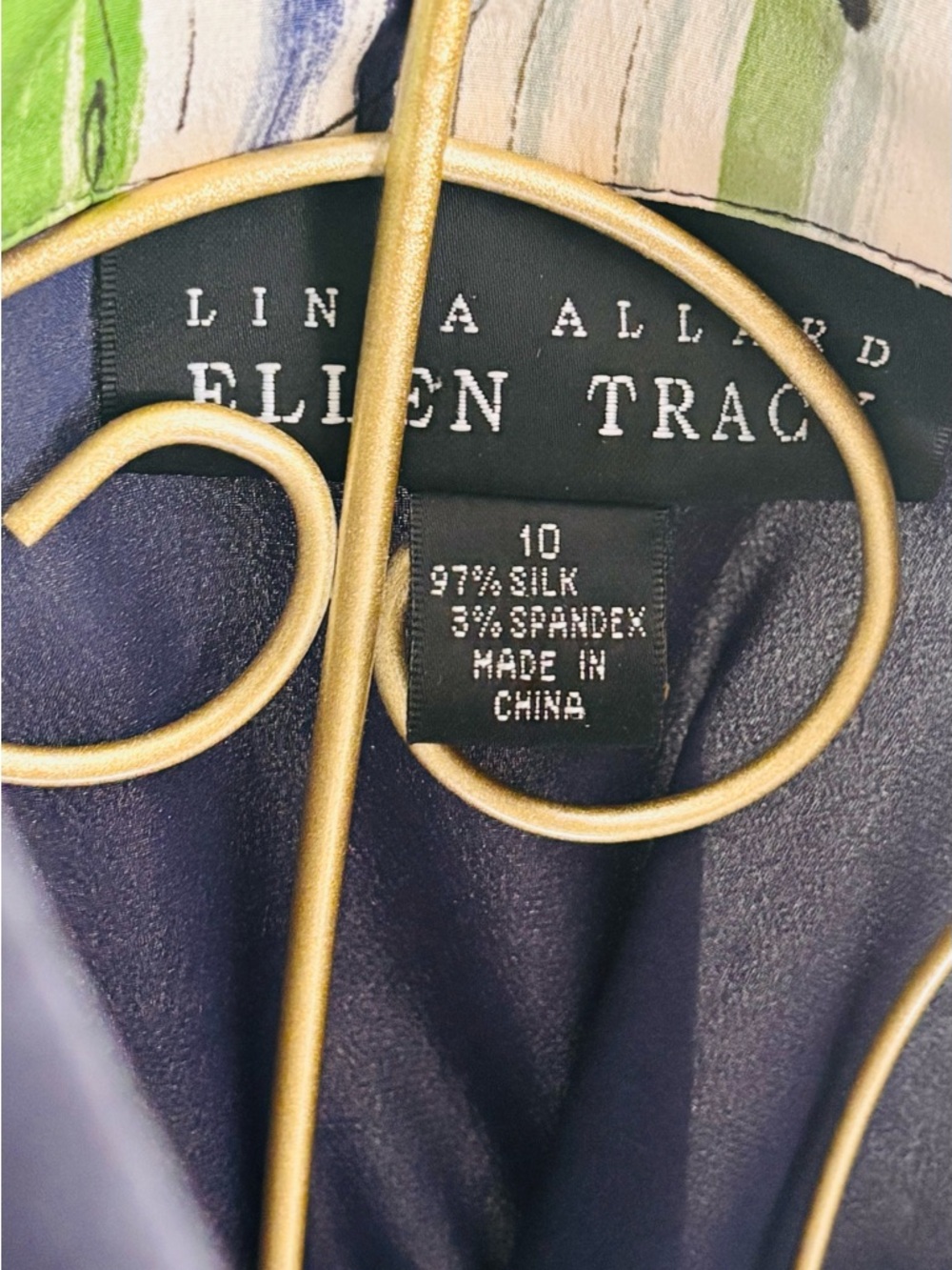 Linda Allard Ellen Tracy Silk Blouse Size 10 Abstract Print Navy Green - Picture 8 of 8
